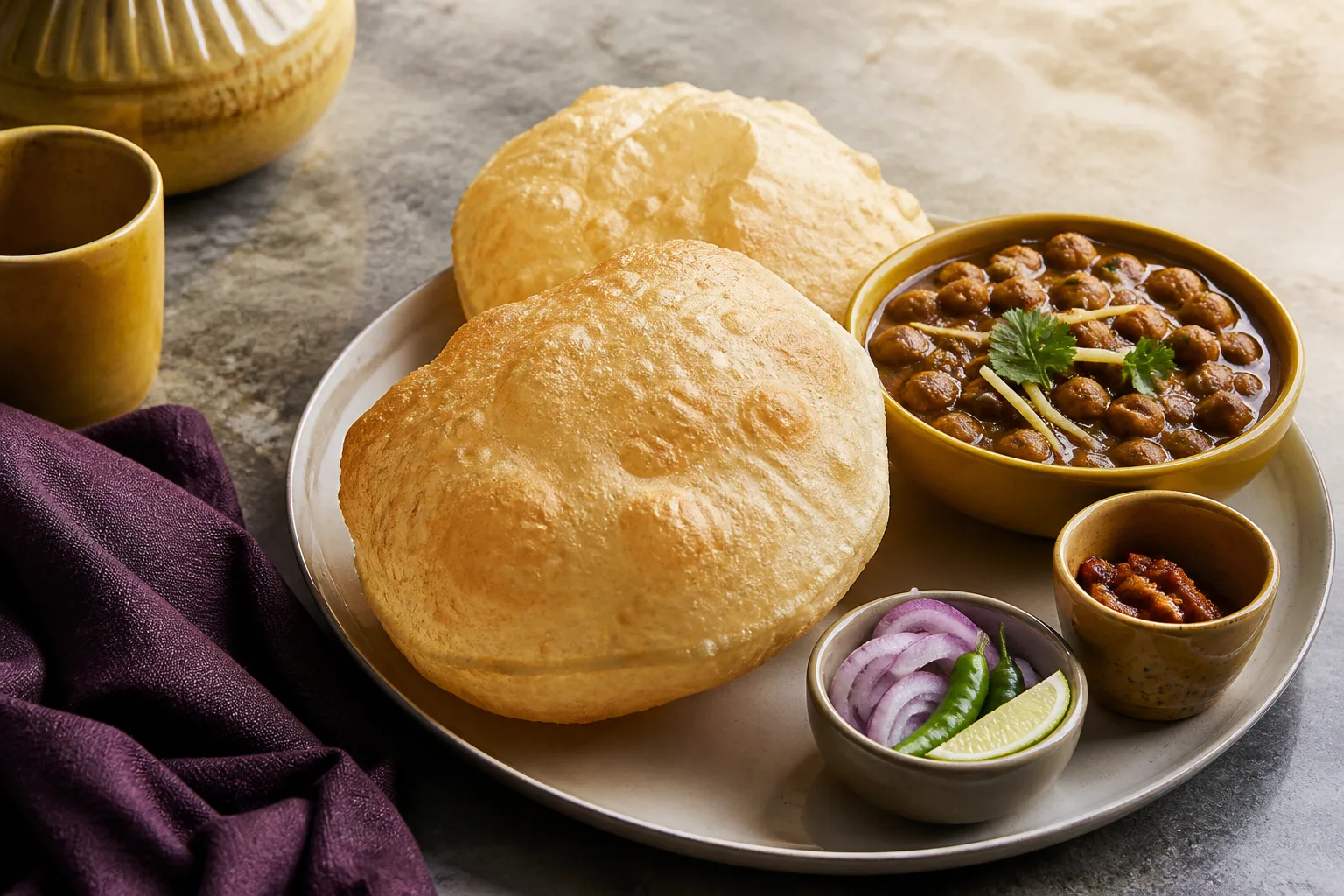 Illustrative concept of bhatura and chickpea curry