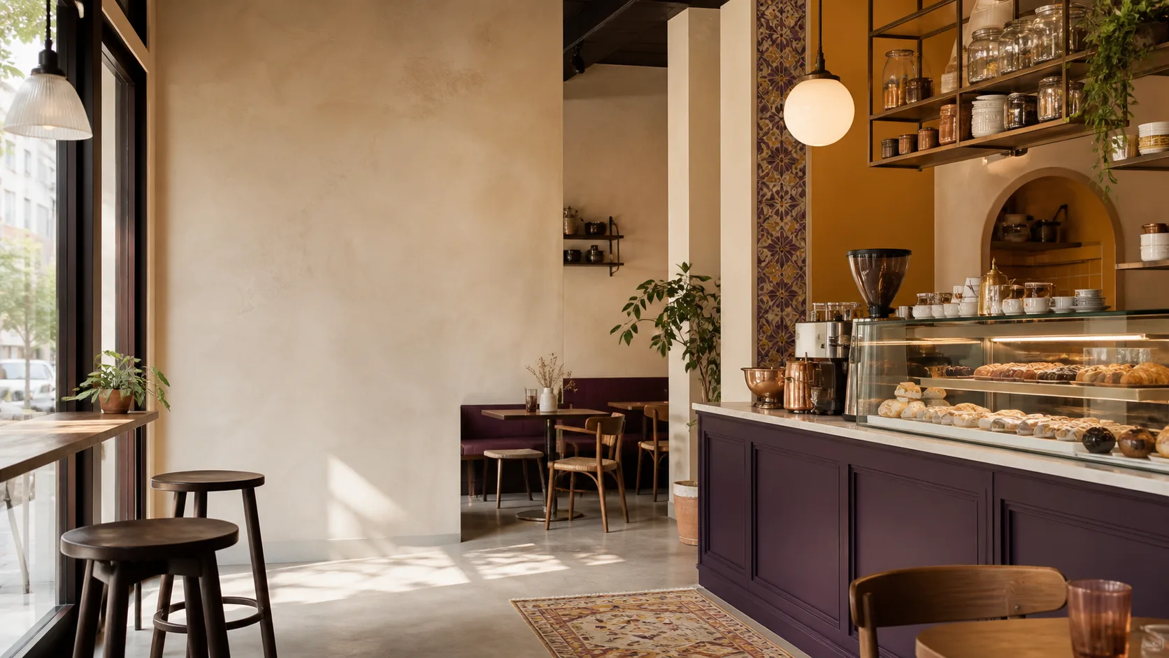 Illustrative concept of a warm modern Indian cafe interior