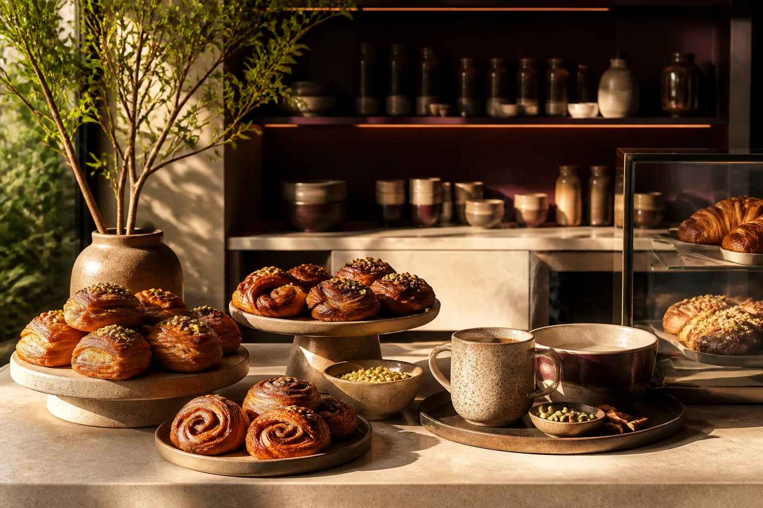 Illustrative concept of pastries and chai on a cafe counter